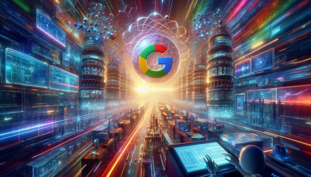 Googleロゴが輝く未来都市と量子コンピューターのイメージ。無数のデータが高速に流れる中、医療と技術が融合し新薬開発が加速する未来の世界観を表現しています。