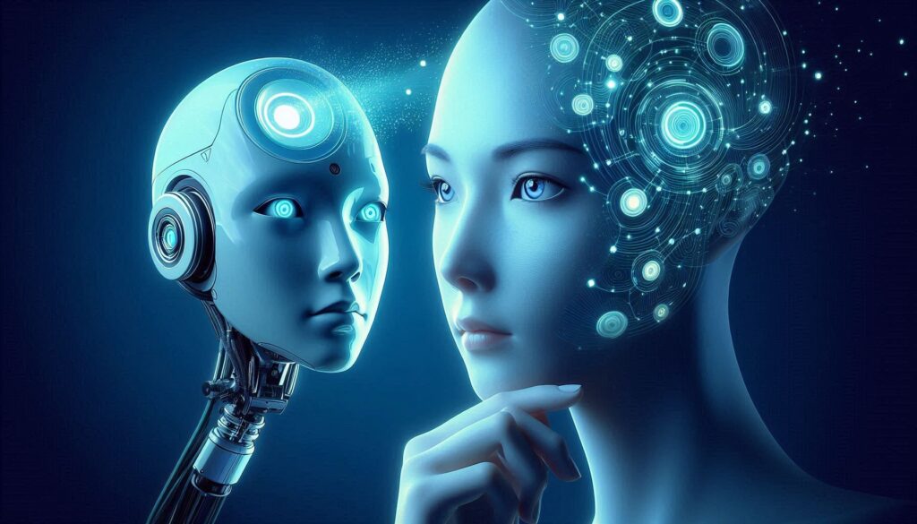AIロボットの頭部と人間の女性の顔が向き合い、AIと人間の思考が光の粒子でつながっている様子。AIと心の健康の未来を示す。