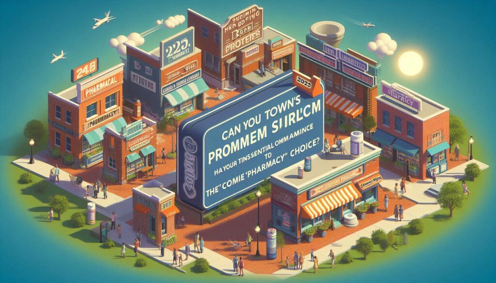 上空から見た調剤薬局の街並み。中心に「CAN YOU TOWN'S PROM MEM SIRLCM」と書かれた巨大な看板があり、人々が行き交い、空には飛行機が飛んでいます。