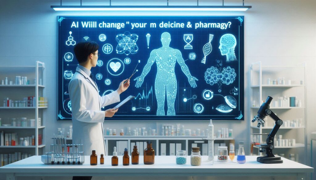 AI創薬と医療DXを象徴する画像。白衣の研究者が未来的な研究室で、人体のデジタル情報が映るスクリーンを指し示している。