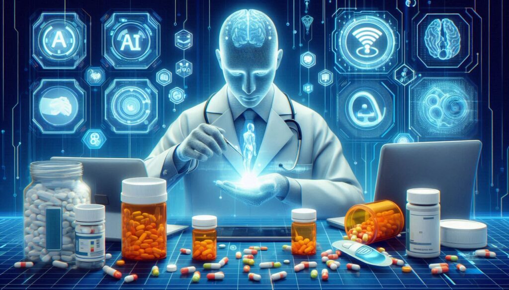 AIと医師が医薬品の供給問題を解決する未来。デジタル技術で効率化された医療のイメージ