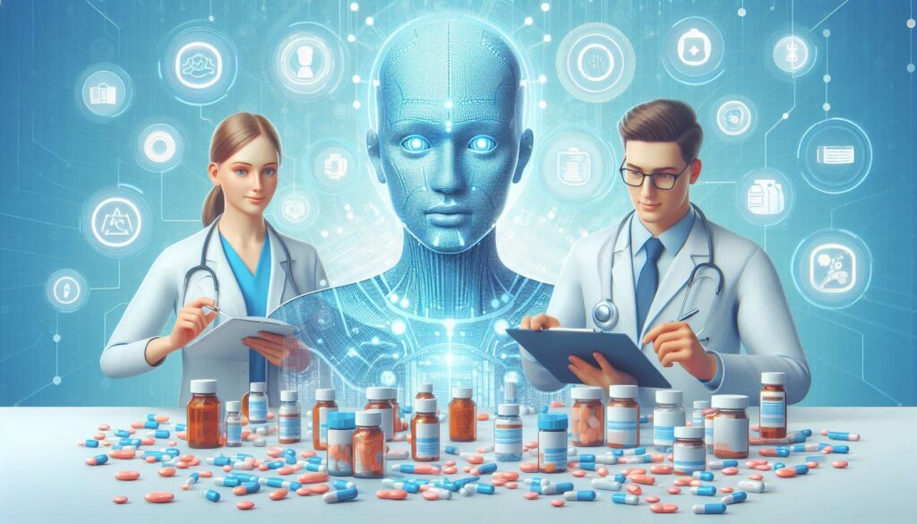 薬剤とAIを組み合わせた未来医療のイメージ。2人の医師とAIが薬学研究や創薬を支援している様子