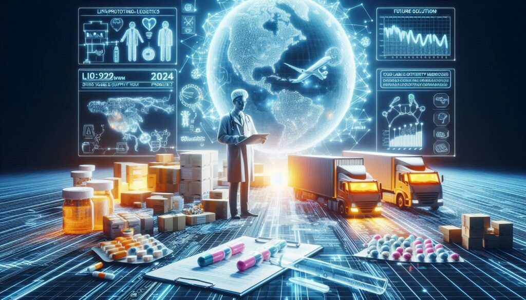 医薬品の安定供給を支えるデジタル化されたグローバル物流網と、それを管理する医師のイメージ。未来のロジスティクスを示すホログラムと医薬品輸送トラック