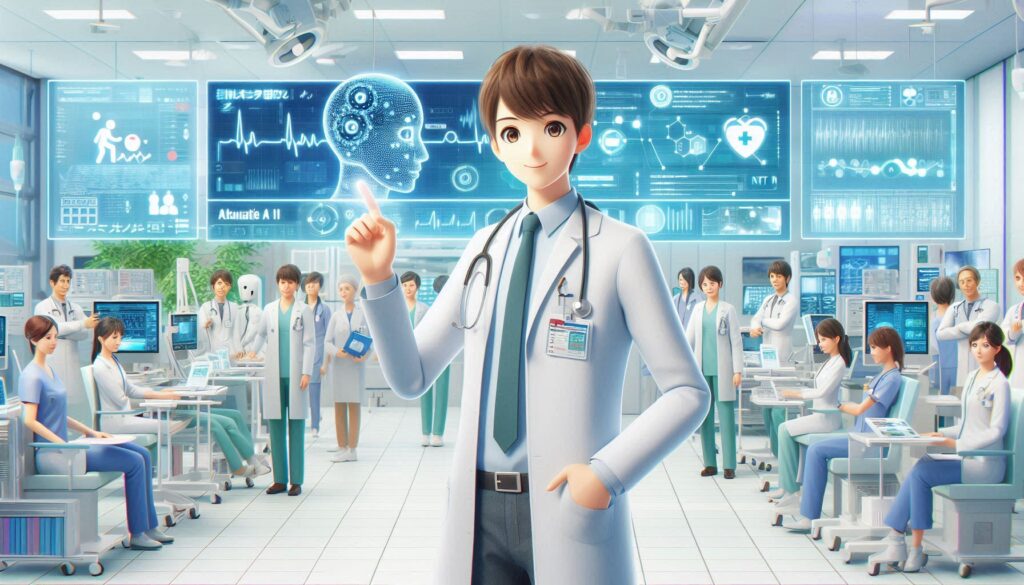 未来の病院でAI(人工知能)を活用する男性医師のイラスト。背景には医療データが表示されたスクリーンが並ぶ。