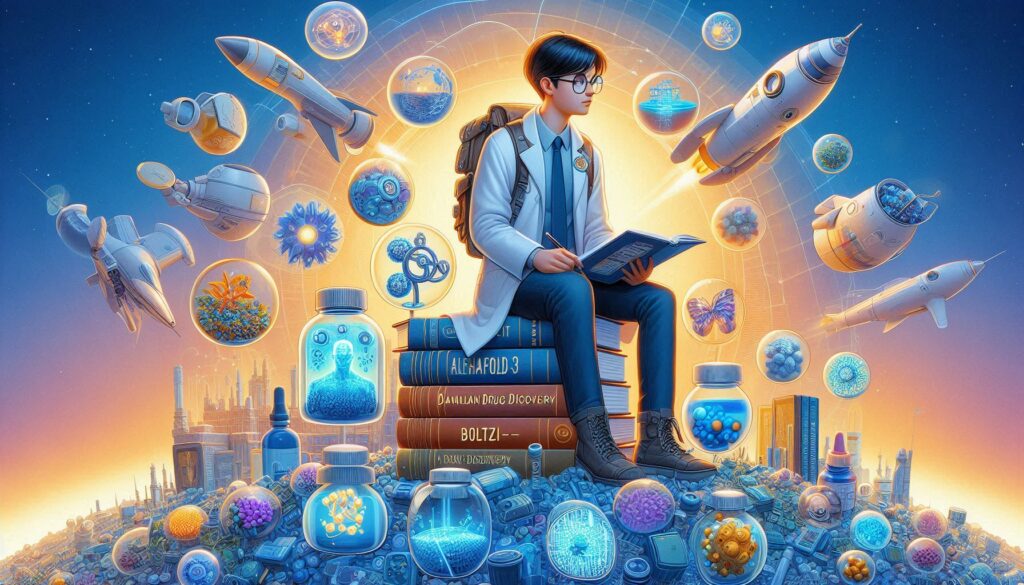 2025年のAI創薬の未来像。若き研究者が本に座り、AlphaFold 3やBoltz-2などのAI創薬技術、ロケットや宇宙船が描かれた背景で、様々な分子や薬剤候補のビジュアルに囲まれている。