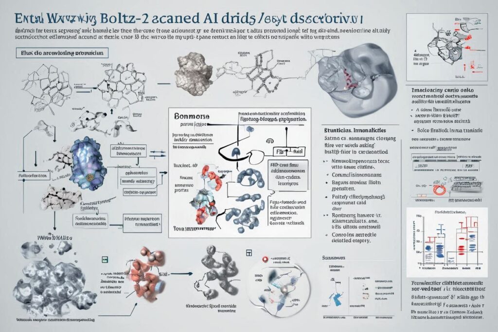 Boltz-2のAI創薬プロセスを示す科学的な図解。タンパク質構造予測、リガンド結合、薬物スクリーニングの概念図とグラフ