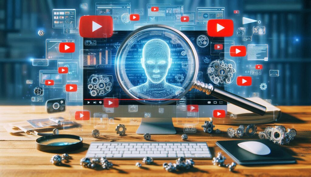 デスクトップコンピューターの前に置かれた虫眼鏡が、画面上のAI（デジタルヒューマン）の顔を拡大表示しており、周囲にはYouTubeの再生ボタンや歯車などのインターフェースが浮かんでいる様子