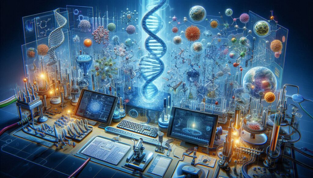 インシリコ創薬の最前線を表現する未来的なサイエンスラボのデスク。DNAの螺旋、分子構造、研究機器、AIのディスプレイが融合しています。