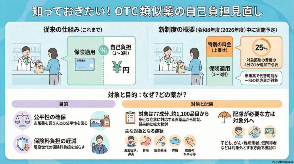 OTC類似薬の新制度と従来制度の比較図。薬剤費の25%が「特別の料金」として上乗せされる仕組み、対象となる77成分・約1,100品目の概要、公平性の確保や保険料負担の軽減といった導入目的、配慮が必要な対象外患者（子ども、難病患者等）の解説