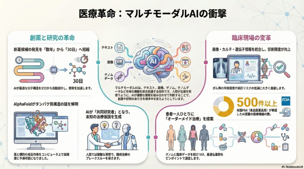 マルチモーダルAIによる医療革命の解説図。創薬の加速、診断精度の向上、個別化医療の実現など、AIが医療現場にもたらす衝撃をまとめたインフォグラフィック