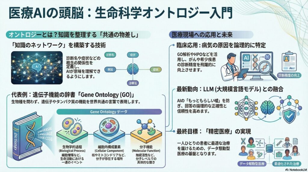医療AIと生命科学オントロジーの解説図。オントロジーが知識のネットワークを構築する仕組み、Gene Ontology(GO)の3つの要素、臨床への応用、LLMとの融合による精密医療の実現までの流れを説明しています。