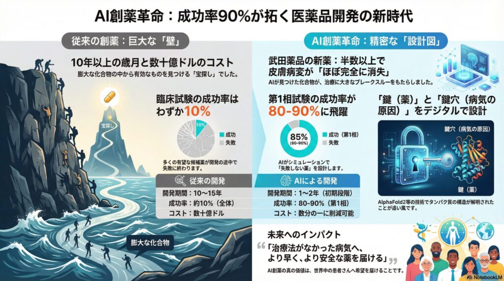 従来の創薬とAI創薬の比較インフォグラフィック。従来の開発は成功率10％・期間10〜15年であるのに対し、AI創薬は第1相試験の成功率が80-90％・期間が1〜2年に短縮されることを示している。