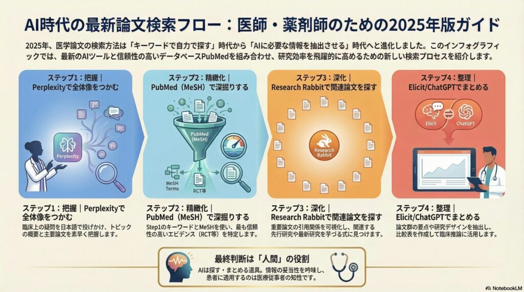 AI時代の最新論文検索フローのインフォグラフィック。Perplexity、PubMed、Research Rabbit、Elicit/ChatGPTを組み合わせた4ステップの検索プロセスを解説