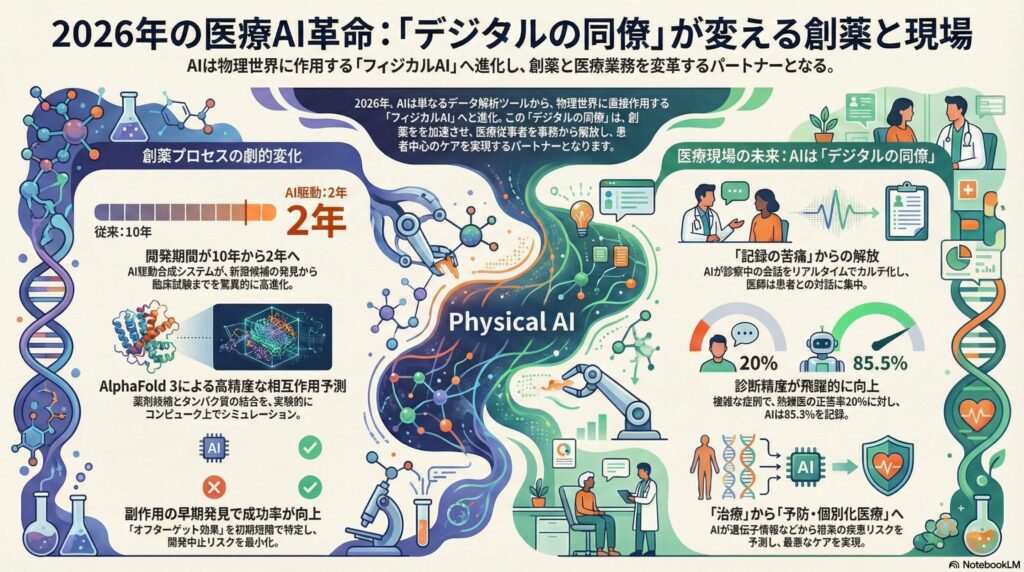 2026年の医療AI革命を解説するインフォグラフィック。創薬プロセスが10年から2年に短縮される様子や、AIによる診断精度向上、医師が診察に集中できる「デジタルの同僚」としての活用イメージ図