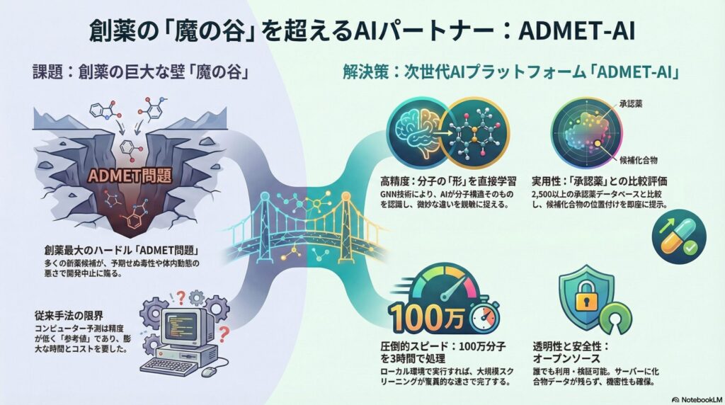 ADMET-AIの概要図。創薬の魔の谷とされるADMET問題を、次世代AIプラットフォームADMET-AIが高い精度、実用性、圧倒的スピードで解決し、承認薬データベースとの比較により橋渡しする仕組みを示したインフォグラフィック