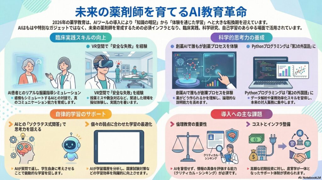 2026年薬学教育のAI導入を示す図。AI患者シミュレーション、VR実習、創薬AI、Pythonプログラミング、AIによる個別学習支援、倫理教育、コスト課題など、「未来の薬剤師を育てるAI教育革命」の全体像を解説