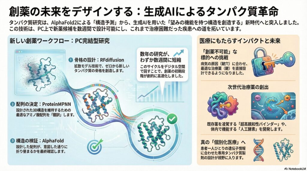 生成AIによるタンパク質デザインのワークフローと医療へのインパクトを解説するインフォグラフィック。RFdiffusion、ProteinMPNN、AlphaFoldを用いたPC完結型研究の流れと、個別化医療の未来を示している。