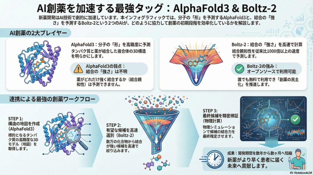 AI創薬を加速する最強タッグ:AlphaFold3とBoltz-2。タンパク質とリガンドの複合体構造、高速スクリーニングの漏斗、物理検証のグラフを含むインフォグラフィック