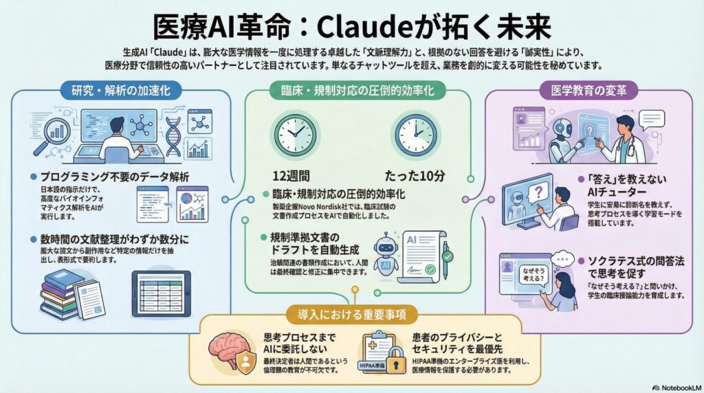 医療AI「Claude」が切り拓く未来の図解。研究・解析の加速化、臨床・規制対応の効率化、医学教育の変革の3つの柱を説明