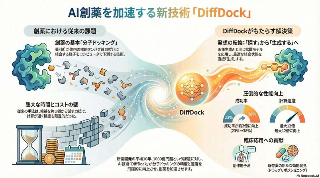 AI創薬新技術「DiffDock」のインフォグラフィック。従来の分子ドッキングにおける時間とコストの課題と、拡散モデルを応用したDiffDockによる解決策(成功率約2倍、速度最大12倍の性能向上、副作用予測などの臨床貢献)を対比して図解