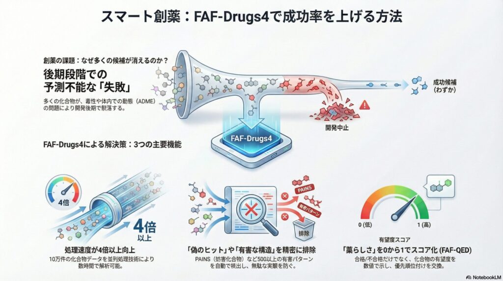 創薬ツールFAF-Drugs4の機能を説明するインフォグラフィック。多くの化合物から毒性やADMEの問題をフィルタリングし、成功候補を絞り込むプロセスと、4倍以上の処理速度、有害構造の排除、薬らしさのスコア化(FAF-QED)の3つの主要機能を示している。