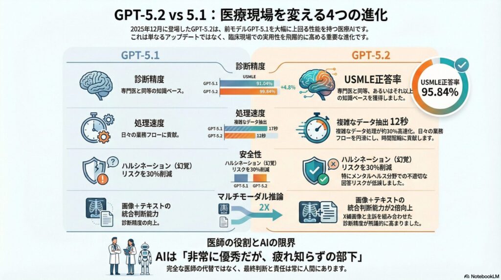 GPT-5.2とGPT-5.1の比較図:医療現場を変える診断精度(USMLE正答率95.84%)、処理速度(12秒)、安全性(ハルシネーションリスク30%削減)、マルチモーダル推論の4つの進化を医師とAIのイラストと共に示すインフォグラフィック