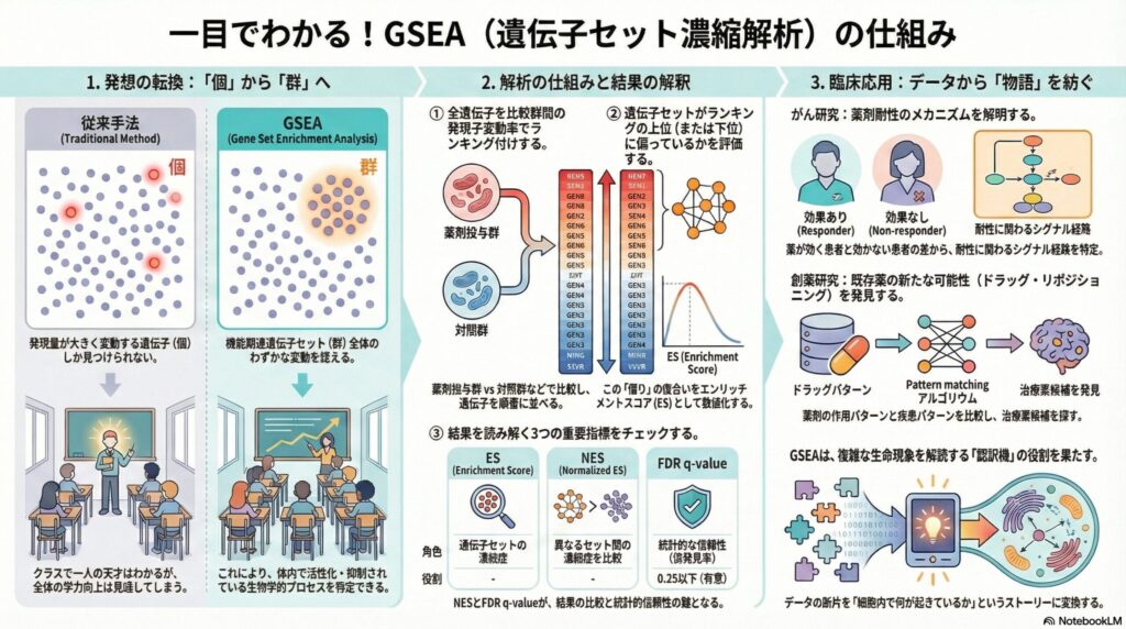 GSEA（遺伝子セット濃縮解析）の仕組みを3つのステップ（個から群への発想転換、解析手順と重要指標、がん研究や創薬への臨床応用）で解説した図解インフォグラフィック