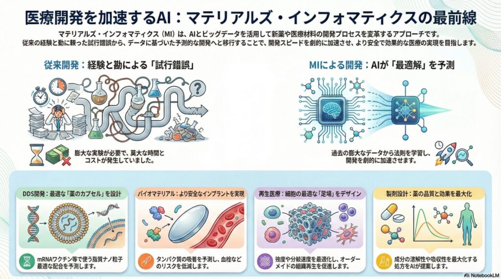 医療開発を加速するAI、マテリアルズ・インフォマティクス(MI)の概要図。従来の試行錯誤による開発と、AIが最適解を予測するMI開発の比較イラスト。DDS開発、バイオマテリアル、再生医療、製剤設計への応用例を含む。