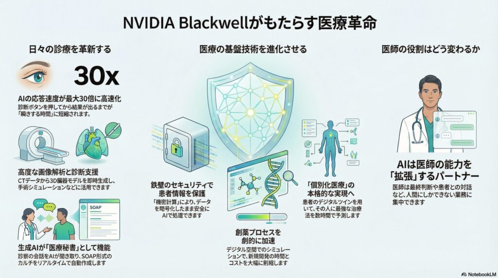 NVIDIA Blackwellがもたらす医療革命の図解。診療の効率化(AI速度30倍、画像解析、生成AI秘書)、基盤技術の進化(セキュリティ、個別化医療、創薬)、医師の役割の変化(パートナーとしてのAI)を示すインフォグラフィック。