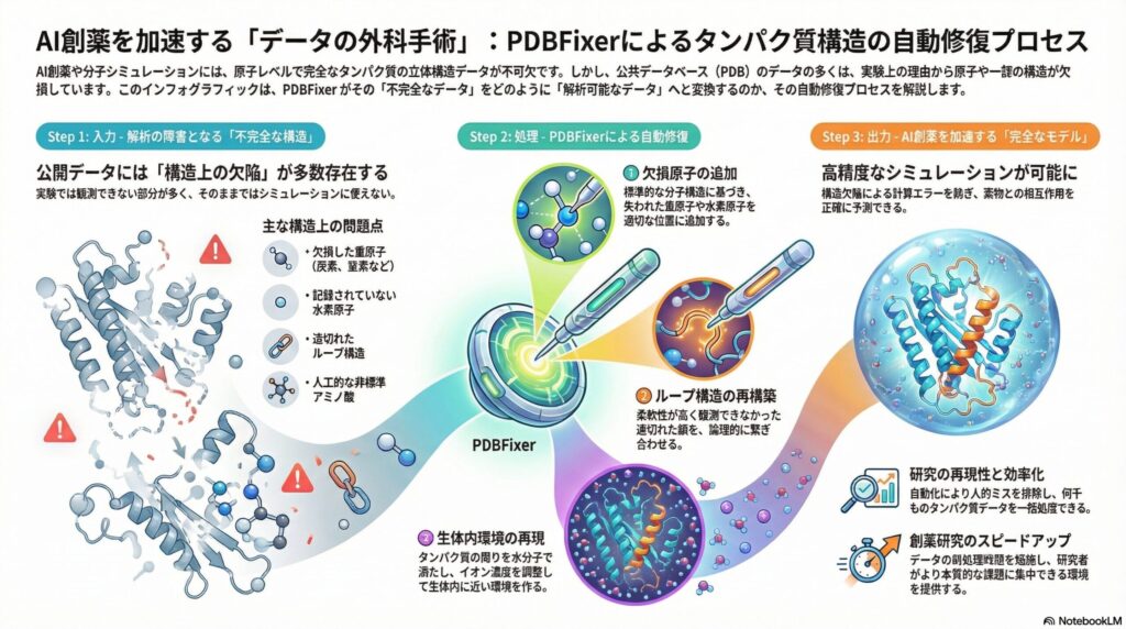 AI創薬におけるPDBFixerの自動修復プロセスを示すインフォグラフィック。不完全なタンパク質構造から欠損原子の追加やループ構築を経て、解析可能な完全モデルを生成する流れを解説