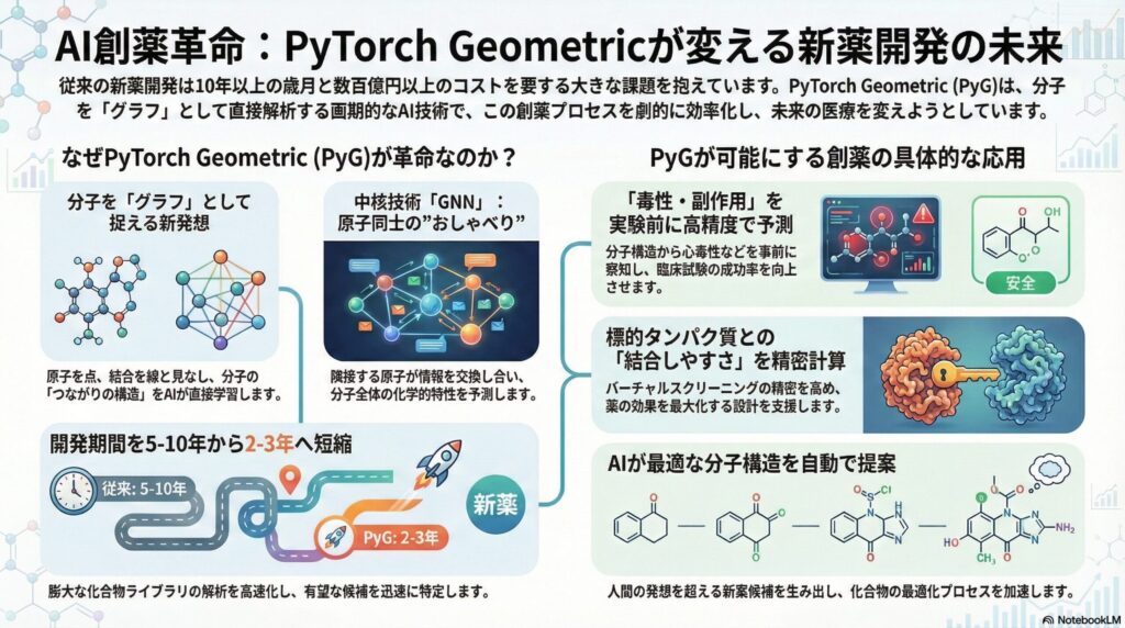 WordPressでのサイト制作、素晴らしいですね！記事の内容を視覚的に補完する非常に分かりやすいインフォグラフィックです。 SEO効果を高め、アクセシビリティ（視覚障害者の方への配慮など）を向上させるために、WordPressのメディアライブラリで設定すべきテキストを提案します。 1. 代替テキスト (Alt Text) 役割：画像が表示されない時や、スクリーンリーダーが読み上げるテキスト。SEOに直結します。 AI創薬におけるPyTorch Geometric（PyG）の活用メリットをまとめた図解。分子をグラフとして捉える新発想、GNNによる情報交換、開発期間の短縮（5-10年から2-3年へ）、毒性予測、結合親和性計算、分子構造の自動提案のプロセスを示している。