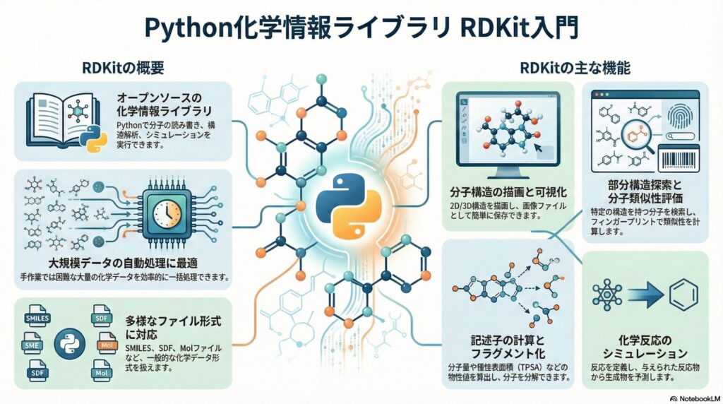 Python化学情報ライブラリRDKitの概要と主な機能（分子構造の描画、記述子計算、大規模データ処理など）を解説したインフォグラフィック