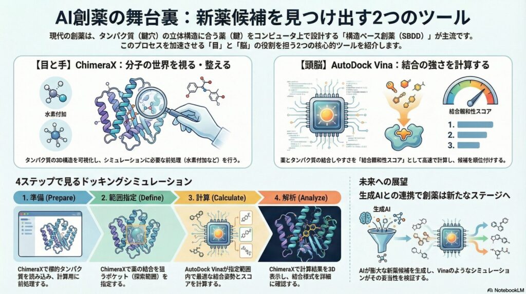 AI創薬の舞台裏：新薬候補を見つけ出す「ChimeraX」と「AutoDock Vina」による構造ベース創薬（SBDD）のワークフロー図