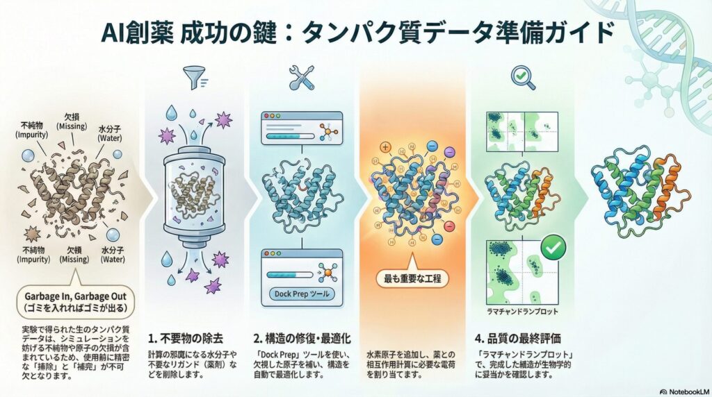 AI創薬におけるUCSF Chimeraを用いたタンパク質データ準備の4ステップ（不要物の除去、構造の修復・最適化、水素原子と電荷の追加、品質の最終評価）を示すフローチャート図
