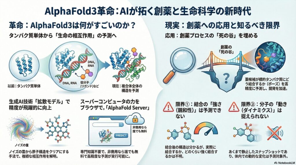 AlphaFold3の革新的な機能（複合体予測・拡散モデル・サーバー）と、創薬応用におけるメリットおよび技術的限界（結合親和性・ダイナミクス）をまとめた解説図解