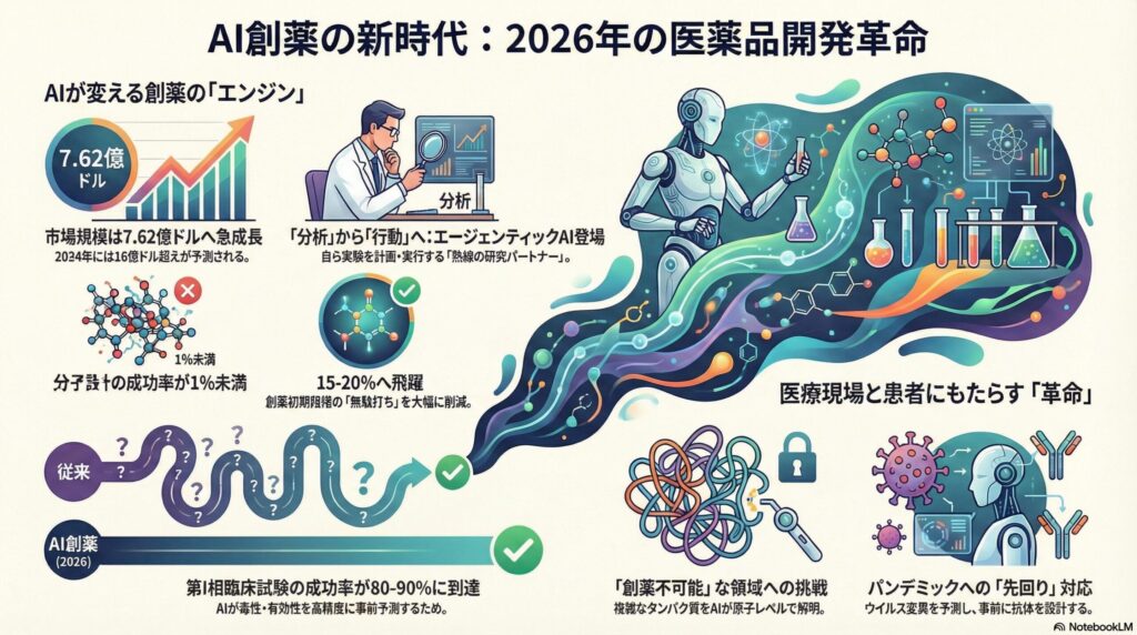 2026年のAI創薬の進化を解説するインフォグラフィック。市場規模の成長、エージェンティックAIによる分子設計成功率の向上（15-20%）、第I相臨床試験の成功率（80-90%）、創薬不可能領域への挑戦、パンデミックへの先回り対応を視覚的に図解