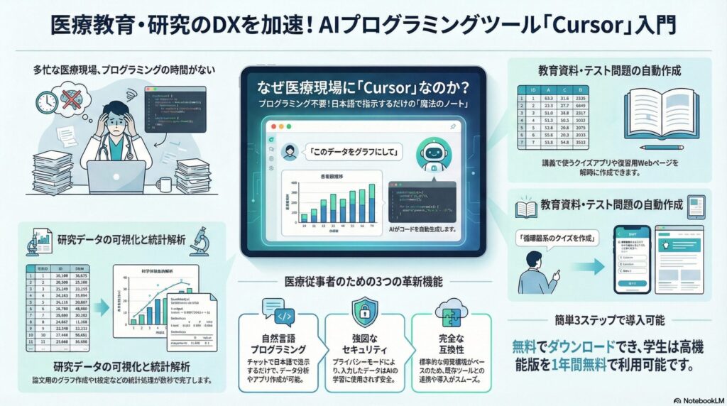 AIプログラミングツール「Cursor」の活用による医療教育・研究のDX加速を図る図解。多忙な医療現場における自然言語プログラミング、研究データ解析、教育資料作成、強固なセキュリティ、無料提供などの5つの貢献を説明しています。