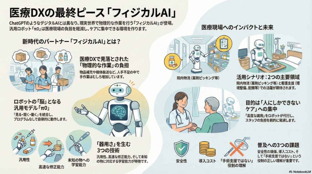医療DXにおけるフィジカルAIの役割を解説するインフォグラフィック。汎用ロボット基盤モデル「π0（パイゼロ）」が院内物流や看護・介護支援など物理的なタスクを自動化し、医療スタッフを「人にしかできないケア」に集中させる仕組みと、安全性や導入コストといった普及の課題を図解しています。