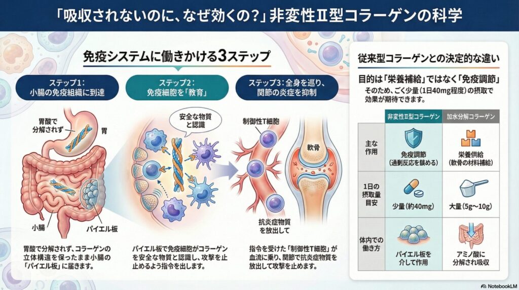 非変性Ⅱ型コラーゲンがパイエル板を介して免疫調節を行い、関節の炎症を抑制する仕組みを解説した図解インフォグラフィック。加水分解コラーゲンとの違いも比較