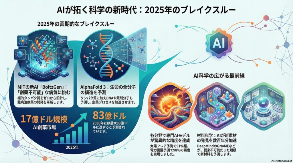 2025年の生成AIによる科学研究の変革をまとめたインフォグラフィック。MITのBoltzGenによる蛋白質設計、AlphaFold 3の構造予測、AI創薬市場の2030年予測（83億ドル）、材料科学や太陽フレア予測などの最新成果を視覚的に解説しています。