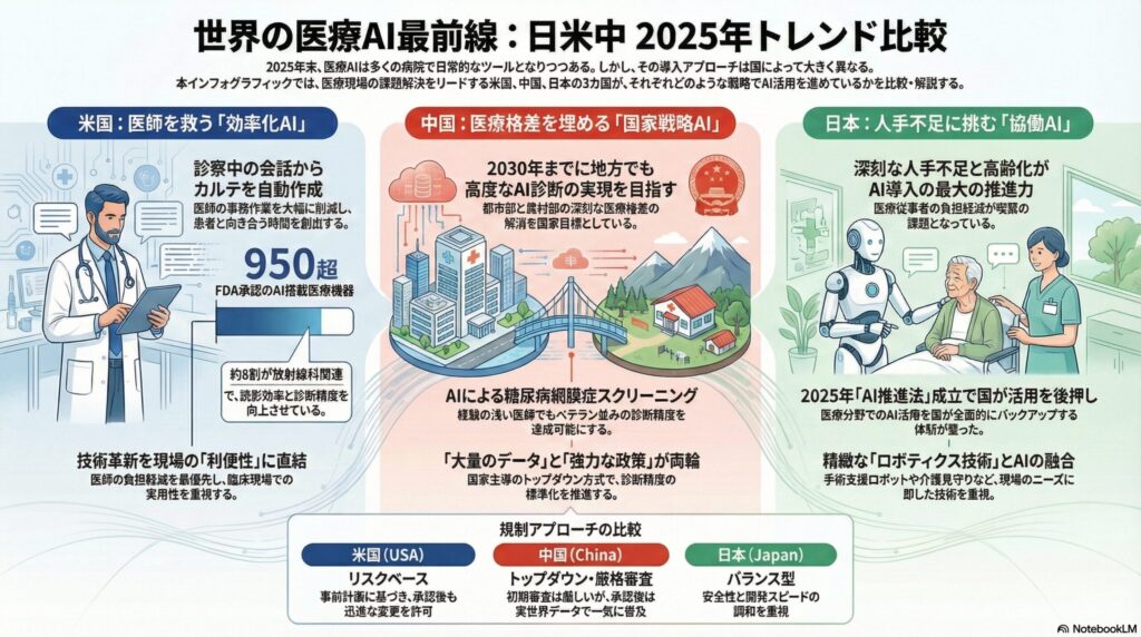 世界の医療AI最前線：2025年の日米中トレンド比較インフォグラフィック。米国は医師の効率化、中国は医療格差解消の国家戦略、日本は人手不足に挑む協働AIという各国の戦略的特徴と規制アプローチの違いを解説