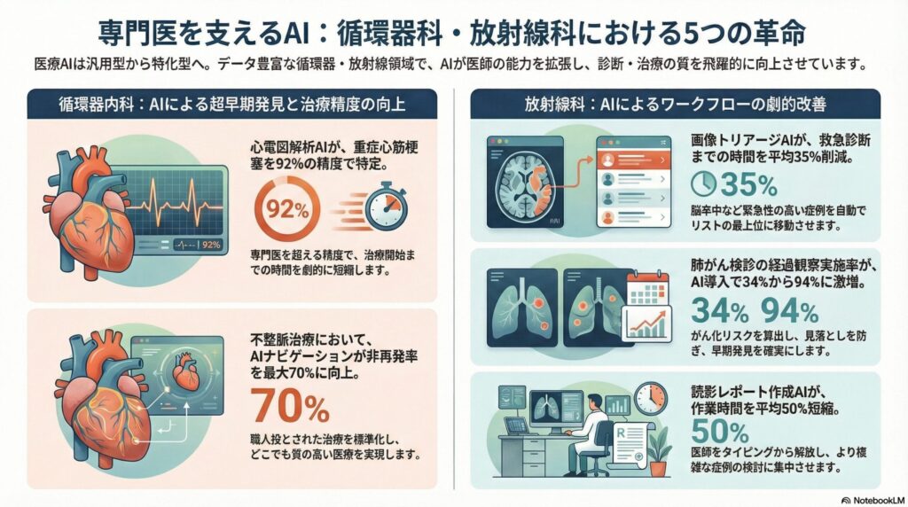 循環器内科と放射線科におけるAI活用の5つの革命。心電図解析の精度向上、不整脈治療のナビゲーション、放射線科の画像トリアージ、肺がん検診の経過観察、読影レポート作成の効率化を示す図