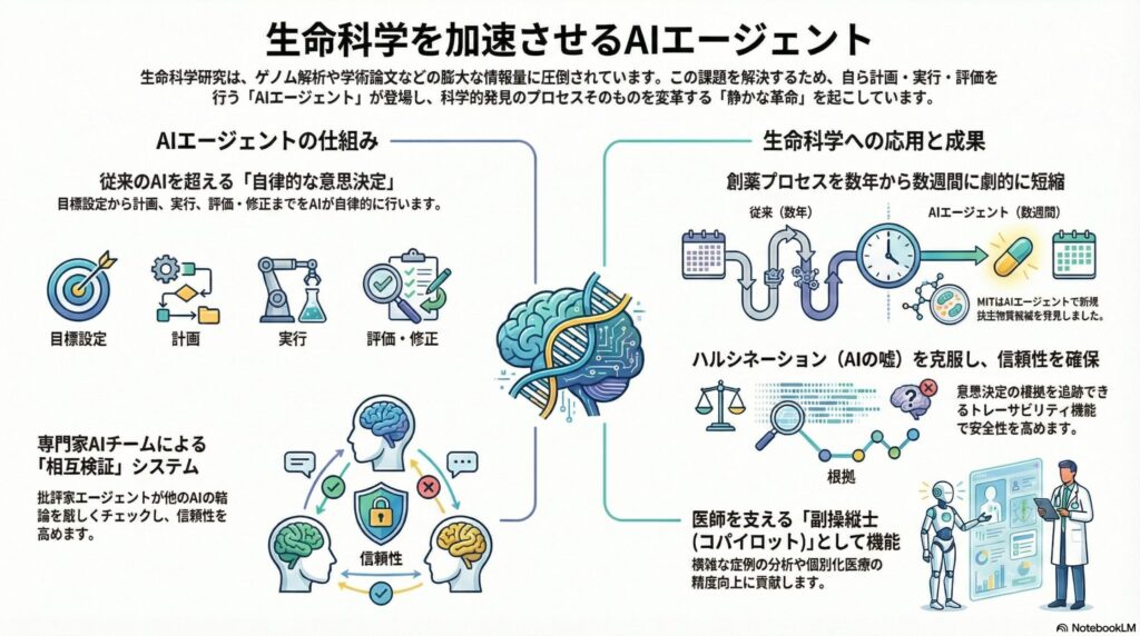 生命科学におけるAIエージェントの仕組みと成果を解説するインフォグラフィック。自律的な意思決定プロセス、専門家AIによる相互検証、創薬期間の短縮、信頼性の確保、医師の支援（コパイロット）の5つの主要トピックを示しています。