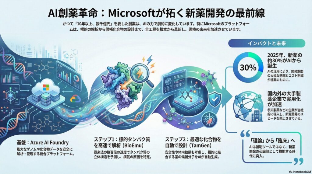 AI創薬革命：Microsoft Azure AI Foundry、BioEmu、TamGenを活用した新薬開発プロセスのインフォグラフィック。標的解析から化合物設計、2025年の市場予測（新薬の30%がAIから誕生）までの流れを示している。