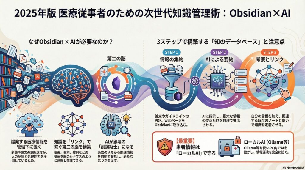 2025年版の医療従事者向けObsidian×AI活用術の解説図。医療情報の爆発を管理し、AIを副操縦士として「第二の脳」を構築する3ステップ(情報集約、要約、考察とリンク)とローカルAIによる情報保護を説明