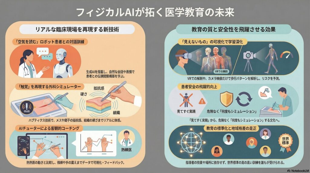 医療教育の革新：フィジカルAIとVR技術の貢献。AIロボットによる問診トレーニング、手術シミュレーター、VR解剖実習、客観的な技術評価とグローバル教育の図