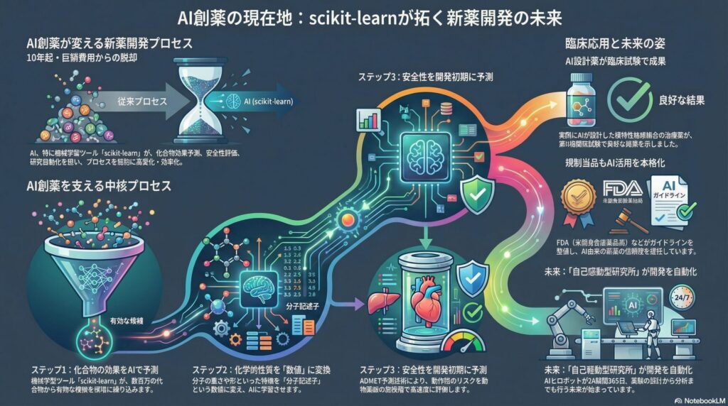 AI創薬のプロセス図：scikit-learnを活用した化合物予測、分子記述子の数値化、ADMETによる安全性予測、および自己駆動型研究所による自動化の流れを説明するインフォグラフィック