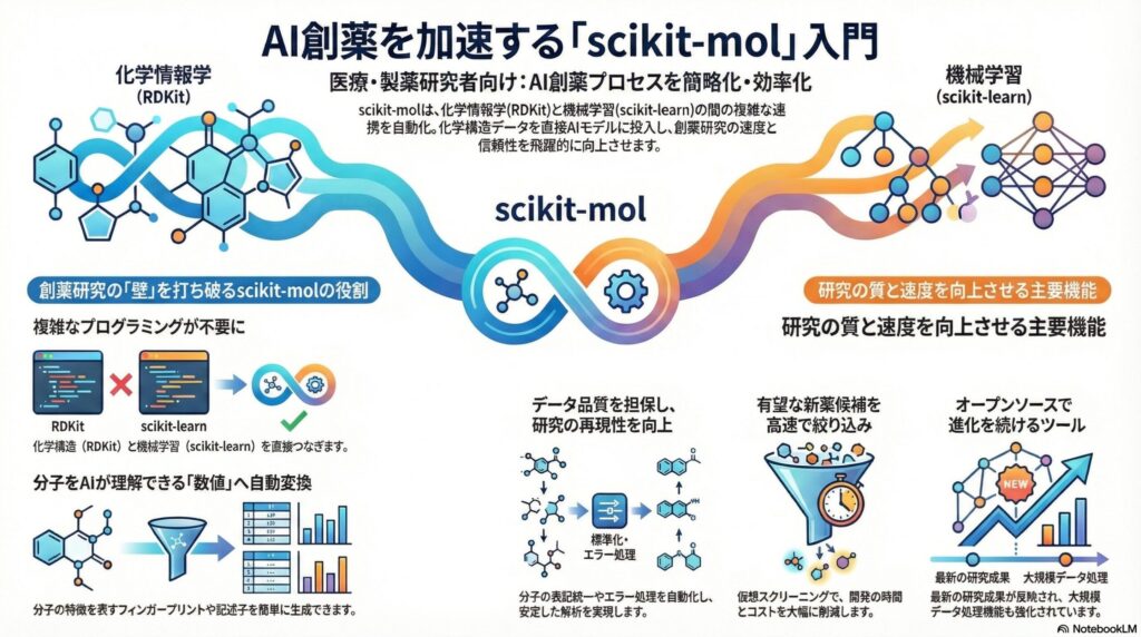 AI創薬ライブラリ「scikit-mol」の概要図。化学情報学（RDKit）と機械学習（scikit-learn）をシームレスにつなぎ、分子データの自動変換や標準化、仮想スクリーニングを通じて研究を効率化する仕組みを解説しています。