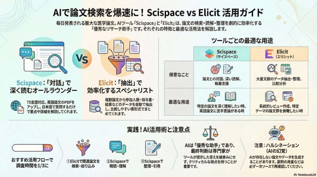 ScispaceとElicitの機能比較と活用フローをまとめたインフォグラフィック。論文検索・読解・データ抽出の得意分野の違いや、ハルシネーションへの注意点を図解しています。