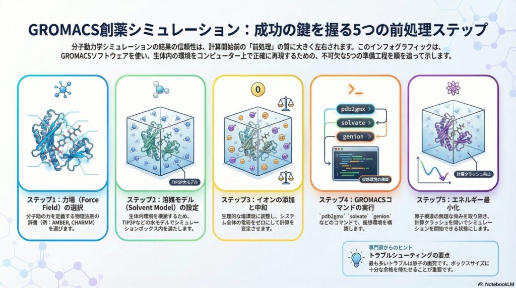 GROMACSによる創薬シミュレーションの成功の鍵を握る5つの前処理ステップ（力場の選択、溶媒モデルの設定、イオンの添加と中和、コマンドの実行、エネルギー最小化）を示したインフォグラフィック